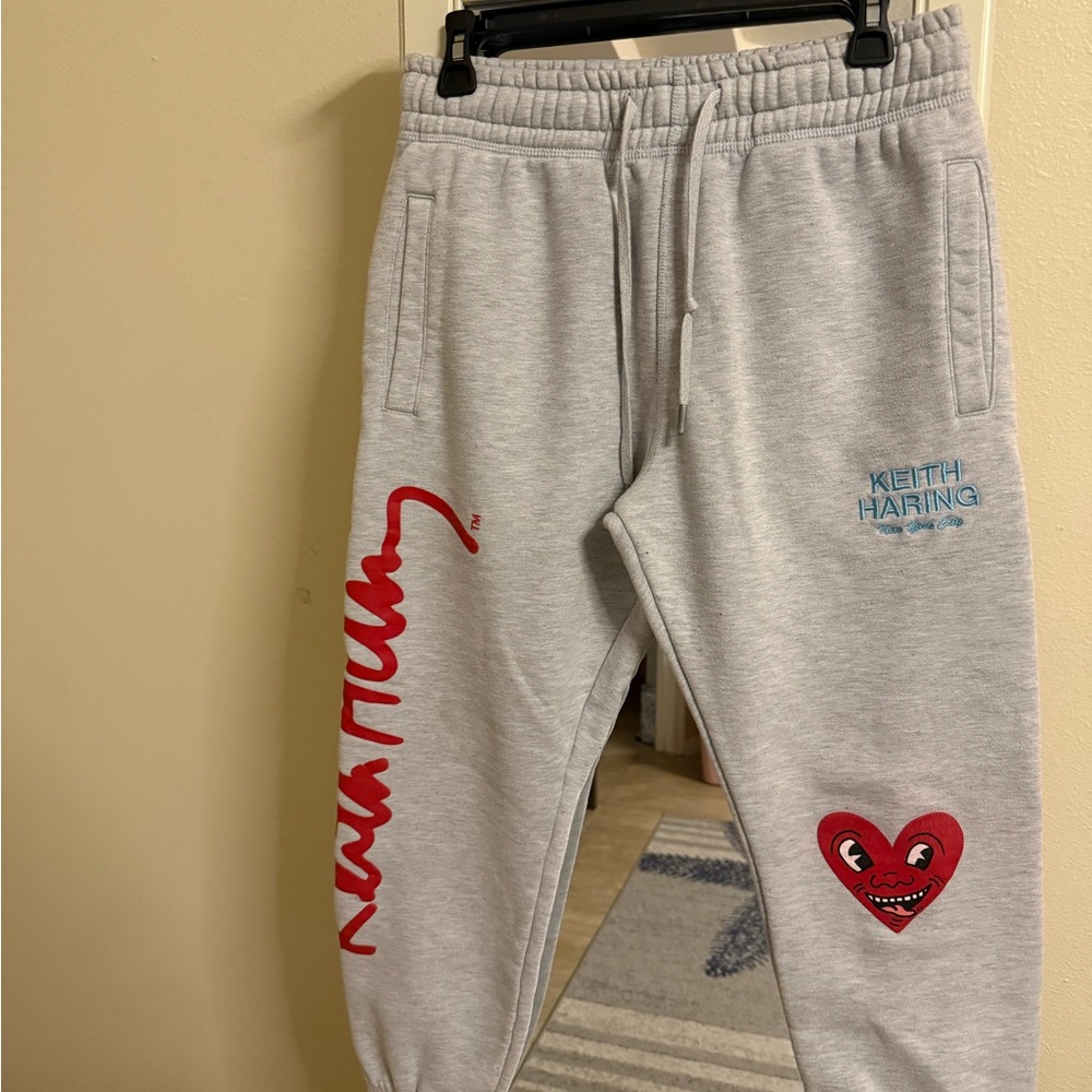 Gray and Red Graphic Sweatpants with Elastic Waistband